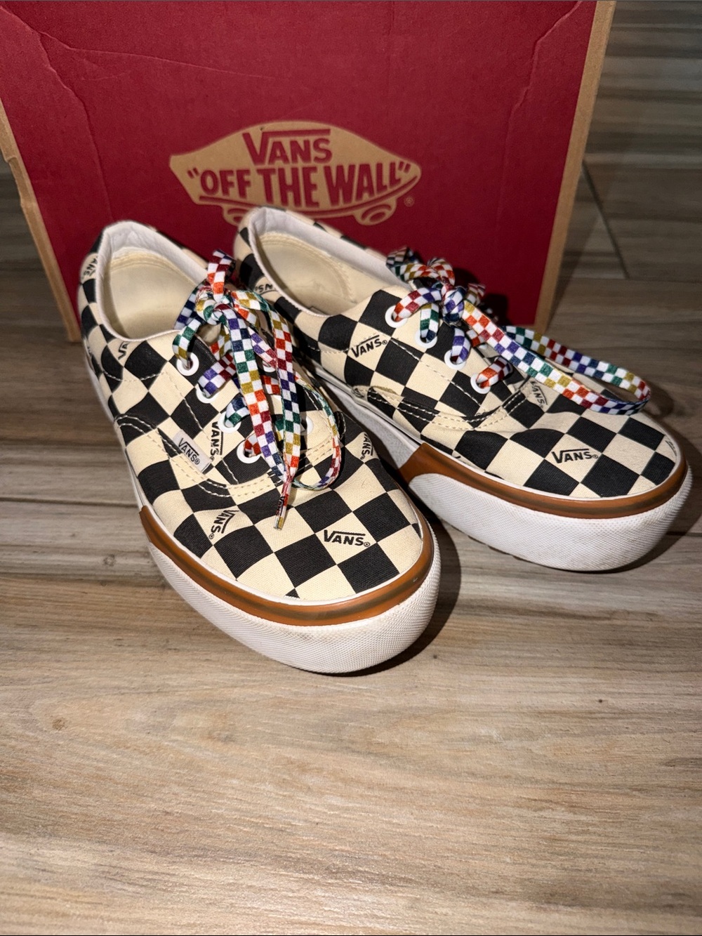 Vans Kids Checkerboard Platform Sneakers - Black & White with Rainbow Laces